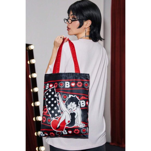 Betty Boop Foldable Reusable Shopping Bag Black with Red Hearts & Lips - Picture 3 of 6